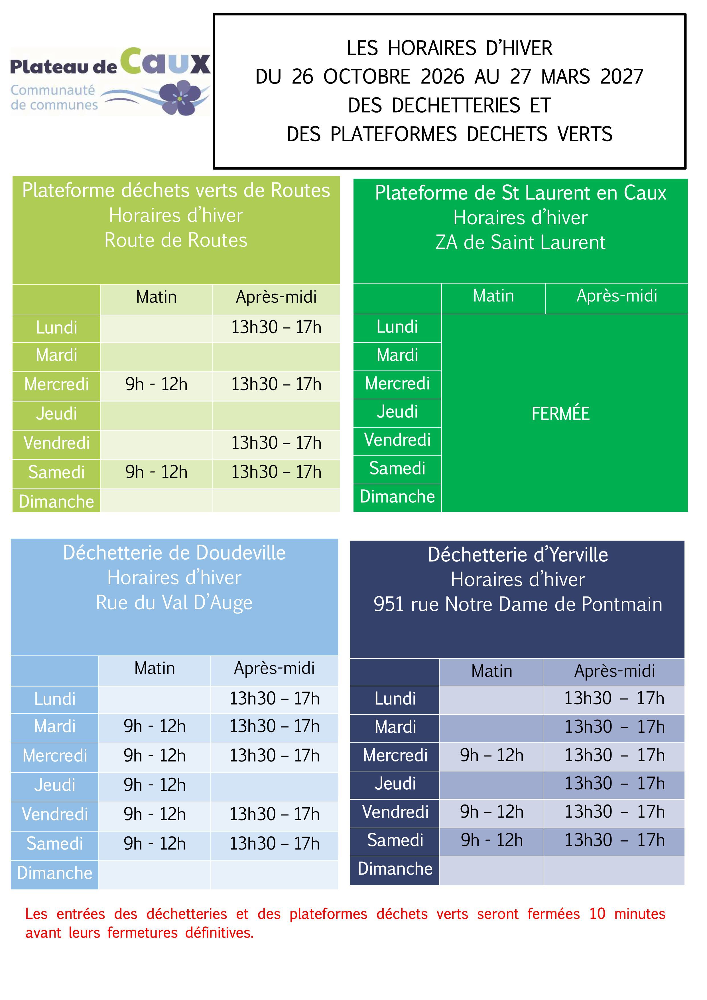HORAIRE D'HIVER DE LA DECHETERIE